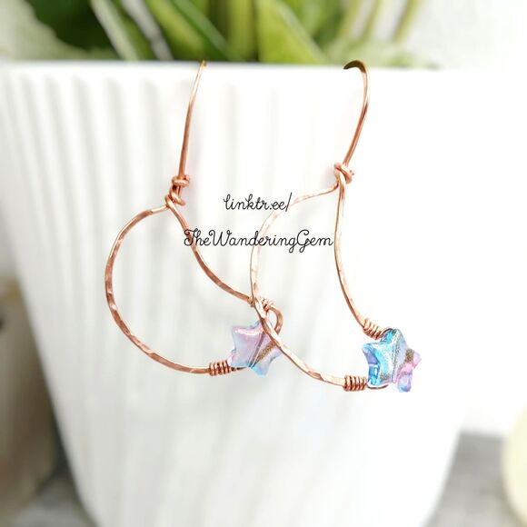 Upcycled Hammered Copper Star Beaded Crescent Moon Dangle Earrings, 2" - Picture 1 of 5